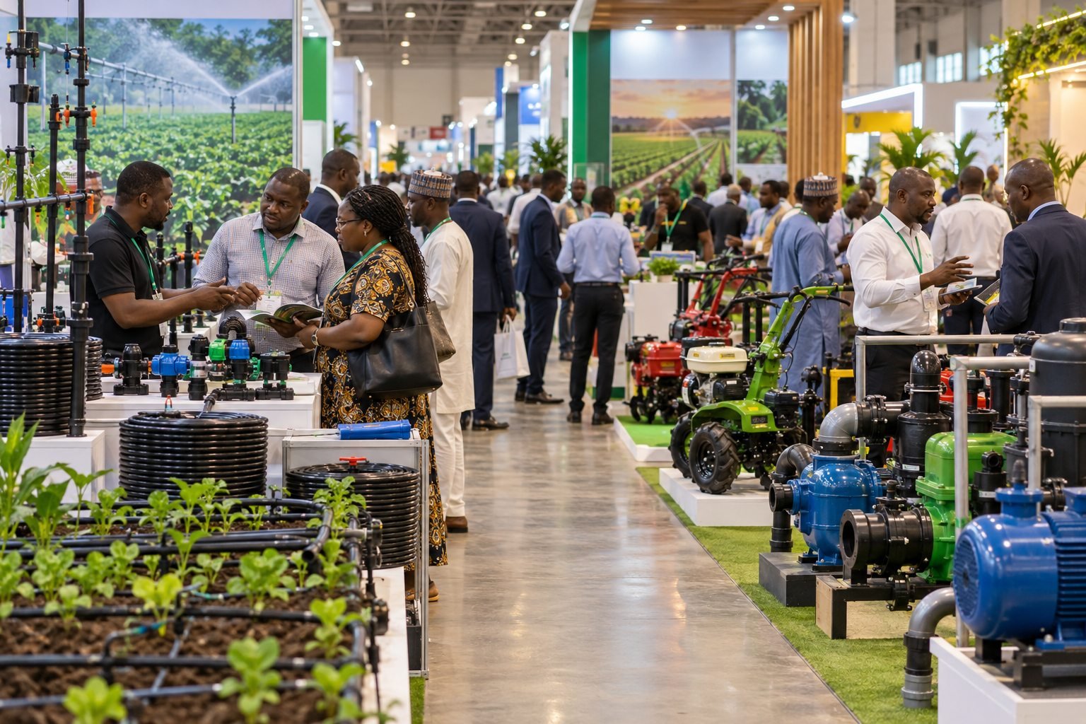 Illustrative scene of agricultural technology exhibitors and visitors in a trade hall