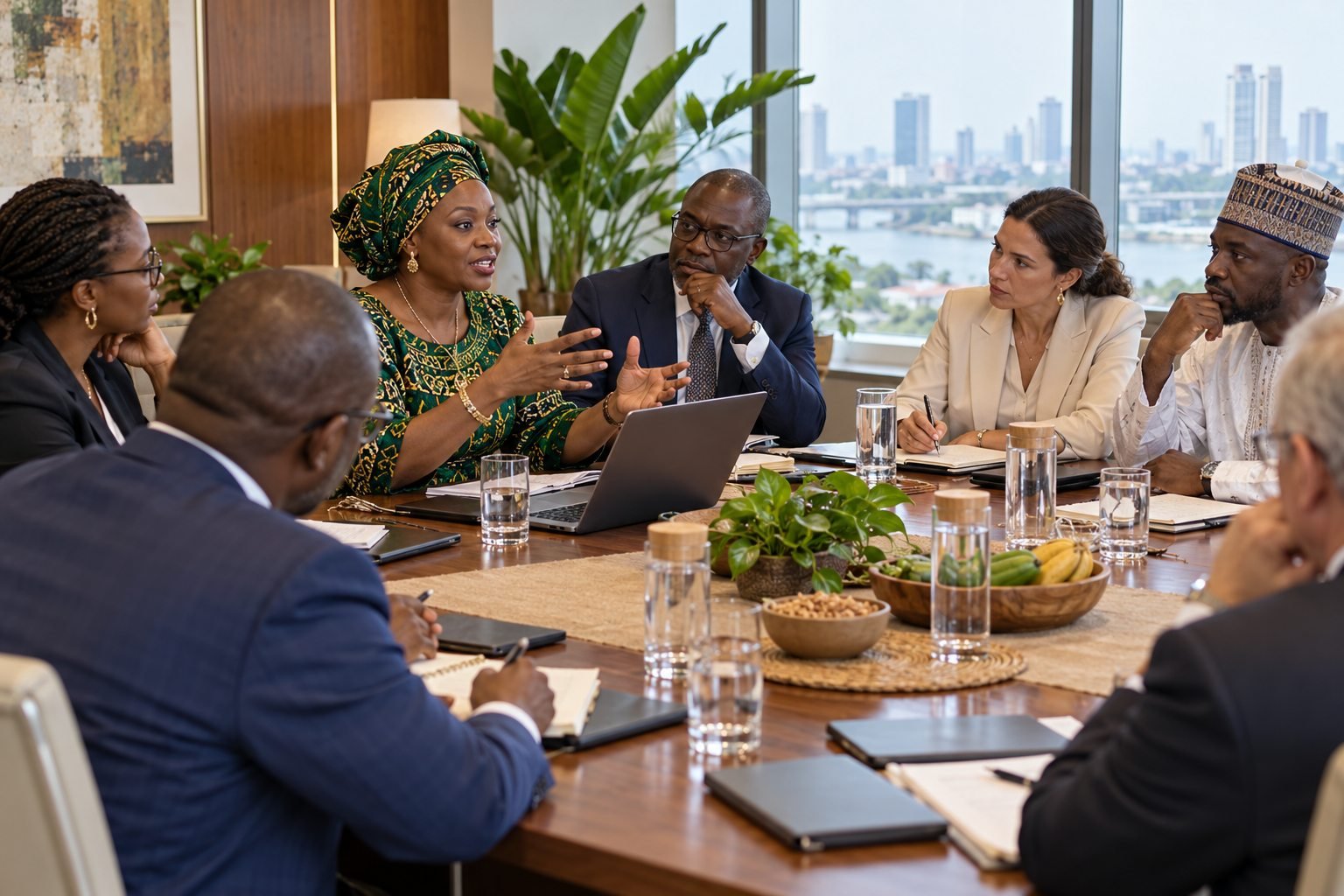 Illustrative scene of business delegates in a focused meeting