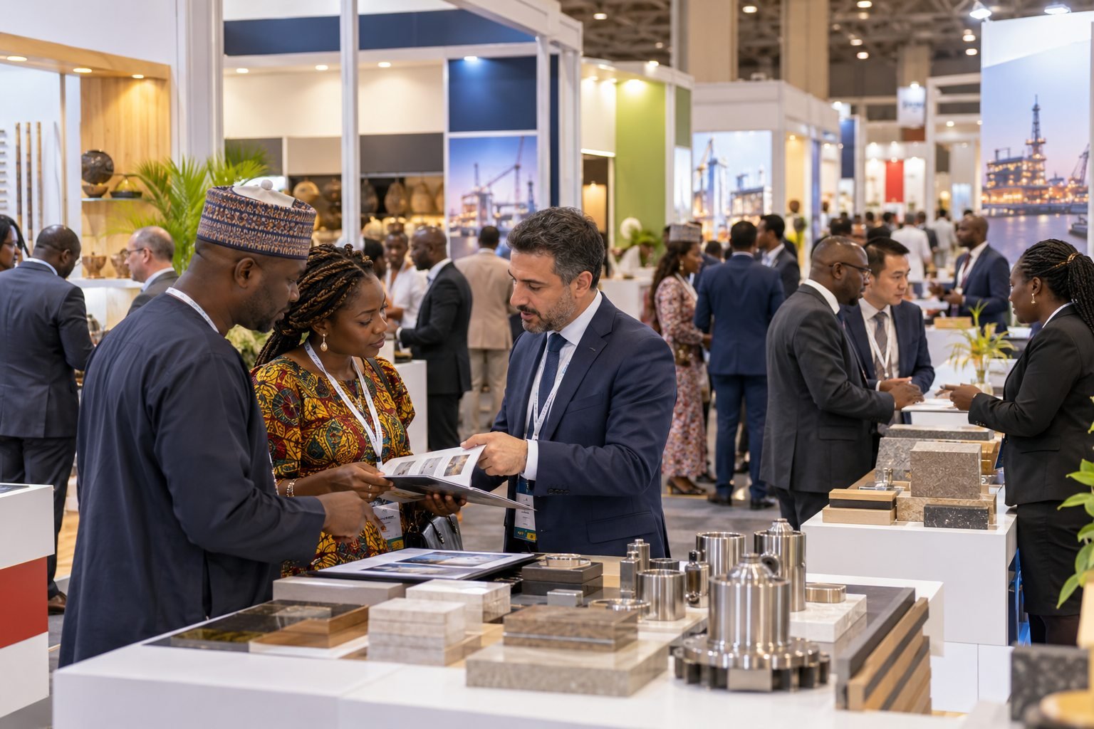 Illustrative scene of delegates at a coordinated trade exhibition pavilion